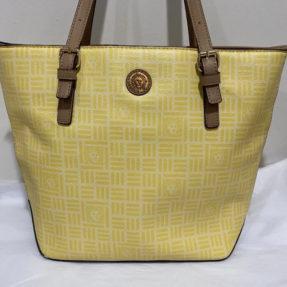 Anne Klein tote bag shoulderbag purse yellow logo print synthetic classic career